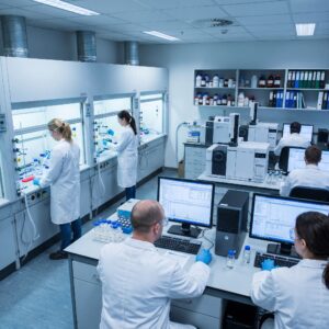Lab Technicians Running Fume Hood Extractions and Chromatography Analysis in Toxicology Laboratory