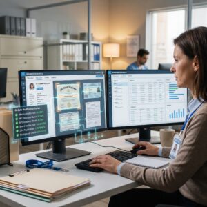 Credentialing Specialist Reviewing an Ai-assisted Credentialing Dashboard That Verifies a Physician's diploma, license, NPI, board certification, and DEA registration