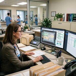 Credentialing Coordinator at a Desk with Paper Files and a Scanner While Software Flags a Physician License As Verified, Npi Matched, and Npdb Clear