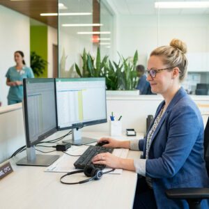 Medical Credentialing Specialist Reviewing a Claims Spreadsheet on Dual Monitors at a Clinic Office Workstation