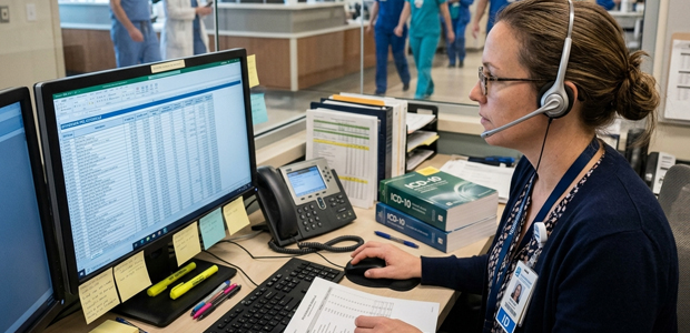 Medical billing specialist wearing a headset reviews a fee schedule and claims spreadsheet at her desk beside ICD-10 coding books in a busy clinic