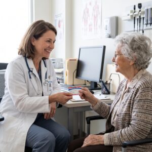 Smiling Doctor in White Coat Accepting a Medicare Card from an Elderly Woman Patient in an Exam Room