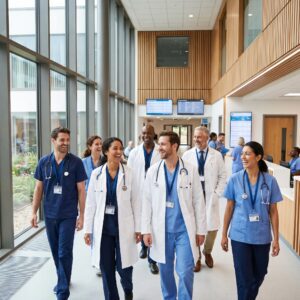 Group of Twelve Physicians and Nurses in Scrubs and White Coats Smiling As They Walk Down a Bright Hospital Corridor