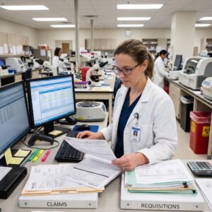 Lab Technologist Filing Laboratory Claims from Stacked Invoices and Requisitions