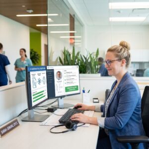 Smiling Credentialing Specialist at Dual Monitors Showing Automated Data Extraction and a Physician Profile Marked Credentialing Complete