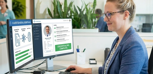 Smiling credentialing specialist at dual monitors showing automated data extraction and a physician profile marked credentialing complete