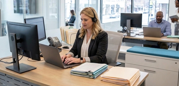 Medical Credentialing Specialist Wearing a Headset Working on a Laptop Beside Stacked Patient Account Folders in an Open Office