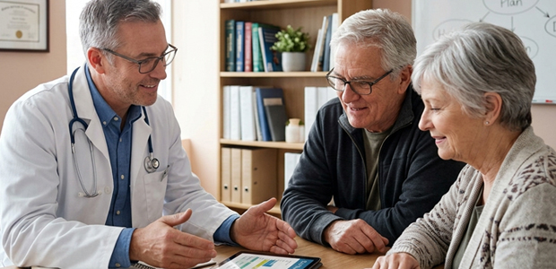 Physician in a white coat with a stethoscope explaining a care plan on a tablet to a smiling older couple seated at a table