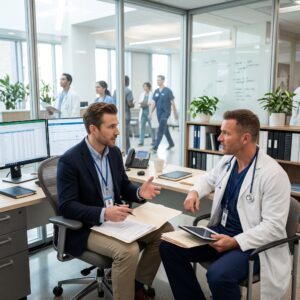 Healthcare Billing Consultant in a Navy Blazer Reviewing Files with a Physician Holding a Tablet in a Glass-walled Hospital Office