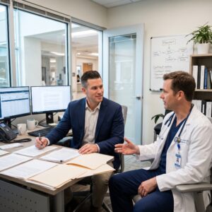 Physician and Credentialing Specialist Reviewing a Contract Document Across a Desk with Dual Monitors, a Laptop, and Framed Diplomas on the Wall
