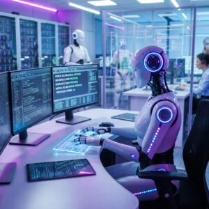 Humanoid Robot Working at a Multi-monitor Desk with Medical Billing Status and Insurance Claims Processed on Screen