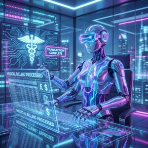 Futuristic Robot in a Vr Visor at a Glass Desk with Medical Billing Processed and Insurance Claims Approved Displays